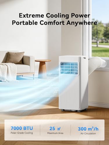 Climatiseur mobile 7000 BTU dans salon, refroidissement 25 m² et circulation d'air 300 m³/h