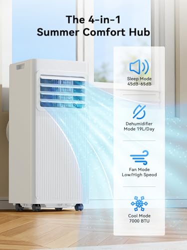 Climatiseur 4-en-1 avec mode sommeil, déshumidificateur 19L/jour, ventilateur et refroidissement 7000 BTU