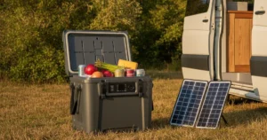 Glacière électrique à compression ouverte avec aliments frais, panneau solaire pliable et van aménagé au soleil — autonomie nomade