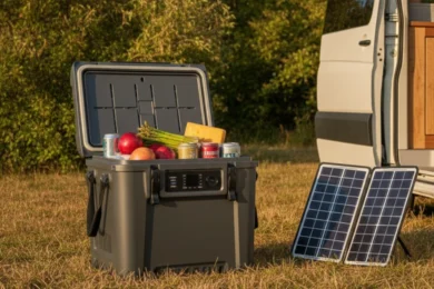 Glacière électrique à compression ouverte avec aliments frais, panneau solaire pliable et van aménagé au soleil — autonomie nomade