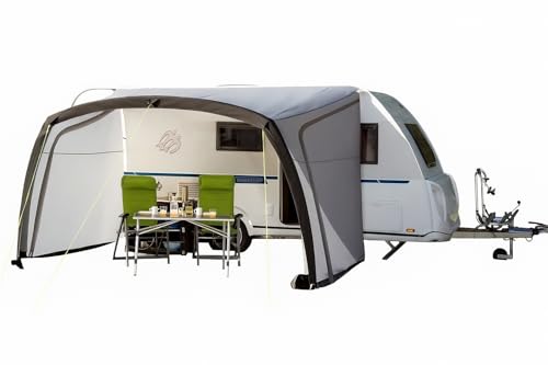 Auvent gonflable Berger Sombra-L 400x250 monté sur caravane avec panneaux latéraux et coin repas