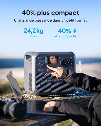 Station BLUETTI Elite 200 V2 avec dimensions 35 cm et poids 24,2 kg format compact 40 pour cent