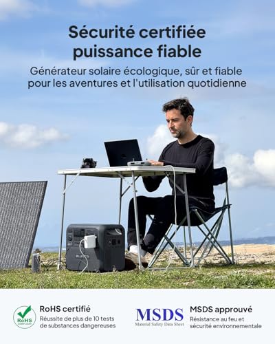 Générateur solaire BLUETTI Elite 200 V2 certifié RoHS et MSDS en utilisation télétravail extérieur