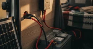 Régulateur de charge solaire mural relié par câbles rouge et noir à une batterie 12 V et à un panneau solaire, à l'intérieur d'un van aménagé