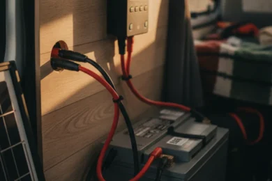 Régulateur de charge solaire mural relié par câbles rouge et noir à une batterie 12 V et à un panneau solaire, à l'intérieur d'un van aménagé