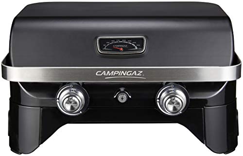 Barbecue gaz de table Campingaz Attitude 2100 LX noir avec couvercle fermé et thermomètre