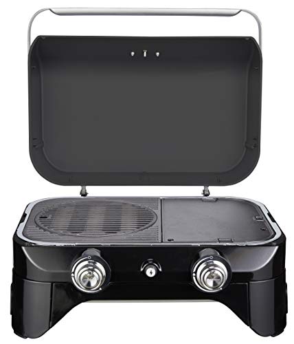 Campingaz Attitude 2100 LX ouvert montrant surface de cuisson mixte grille fonte et plancha