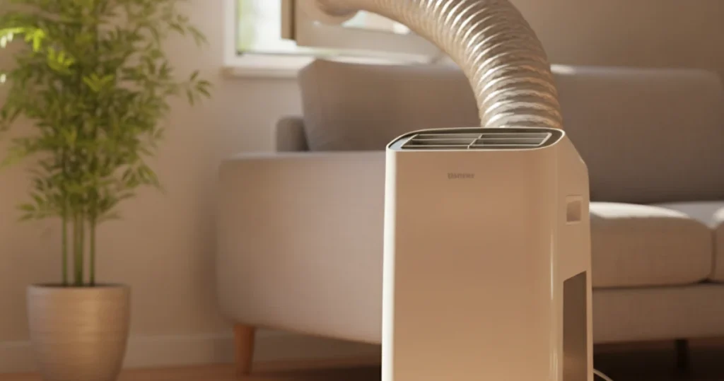 Climatiseur mobile blanc posé au sol dans un salon lumineux, gaine d'évacuation souple raccordée à la fenêtre
