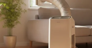 Climatiseur mobile blanc posé au sol dans un salon lumineux, gaine d'évacuation souple raccordée à la fenêtre