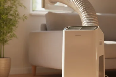 Climatiseur mobile blanc posé au sol dans un salon lumineux, gaine d'évacuation souple raccordée à la fenêtre