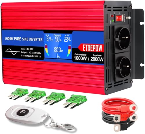 Convertisseur pur sinus ETREPOW 1000W 2000W rouge avec télécommande câbles et fusibles de rechange