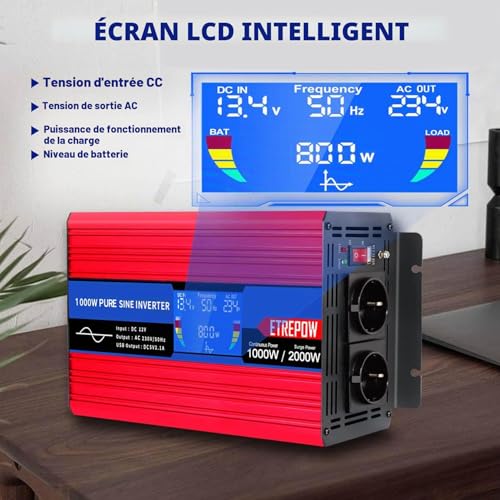 Écran LCD intelligent convertisseur ETREPOW affichant tension entrée fréquence sortie AC puissance charge