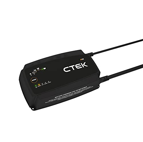 Vue de profil du chargeur CTEK M25 12V 25A avec bouton MODE orange
