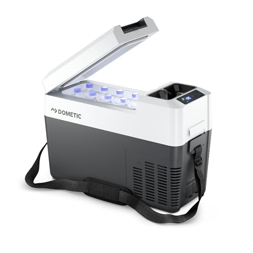 Glacière électrique Dometic CFF 12 litres ouverte avec bandoulière et bouteilles à compression 12V