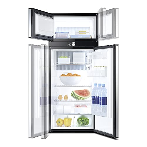 Frigo Dometic RMD 10.5T deux portes ouvertes rempli demonstration amplitude ouverture