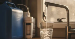 Verre d'eau claire rempli au robinet d'un van aménagé, avec un jerrican d'eau et une cartouche de filtration à côté