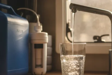 Verre d'eau claire rempli au robinet d'un van aménagé, avec un jerrican d'eau et une cartouche de filtration à côté