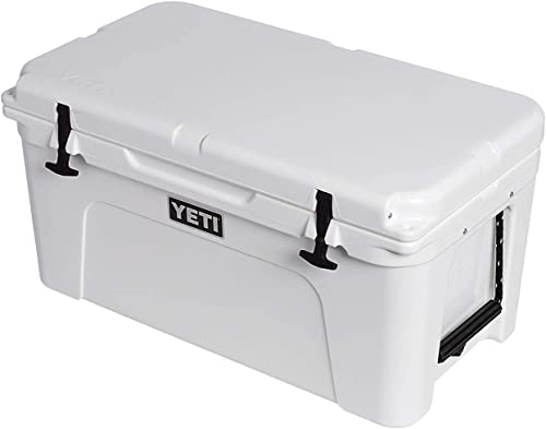 Glacière YETI Tundra 65 blanche vue trois quarts avec poignées latérales et bouchon de vidange