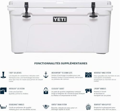Infographie fonctionnalités YETI Tundra loquets T-Rex charnière Neverfail joint ColdLock pieds Bearfoot