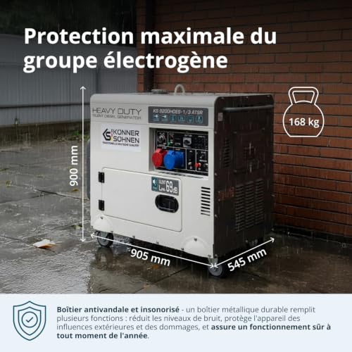 Dimensions groupe électrogène diesel 905x545x900mm poids 168kg boîtier insonorisé antivandalisme