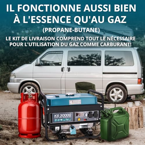Générateur KS 3000G fonctionnement essence et gaz propane butane avec bouteille et jerrican camping