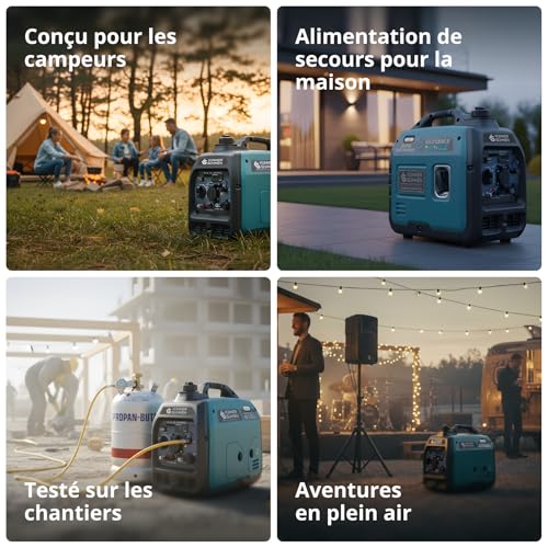 Quatre usages du générateur KS 3100iG S : camping, secours maison, chantier et événements