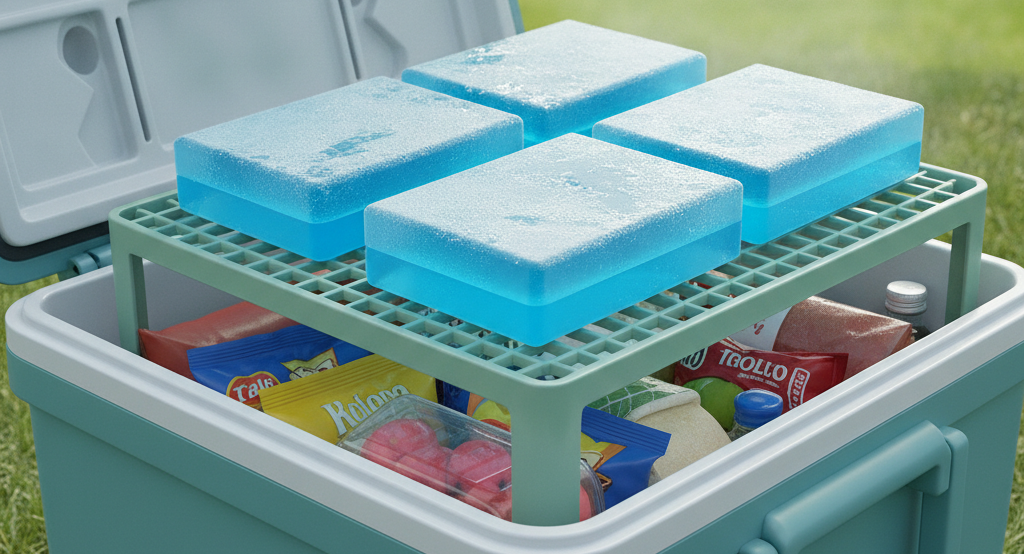 Pains de glace placés en haut de la glacière, sur les aliments