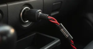 Fiche branchée dans une prise allume-cigare de tableau de bord, câble rouge et noir équipé d'un porte-fusible en ligne