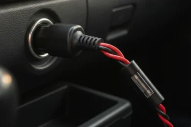 Fiche branchée dans une prise allume-cigare de tableau de bord, câble rouge et noir équipé d'un porte-fusible en ligne