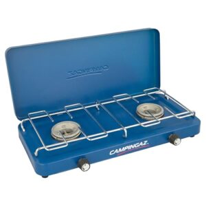 Réchaud Campingaz Base Camp bleu deux feux avec couvercle ouvert et grilles inox