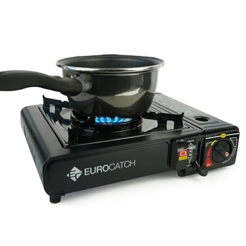 Réchaud à gaz Eurocatch en utilisation avec casserole et flamme bleue régulière de 2500W