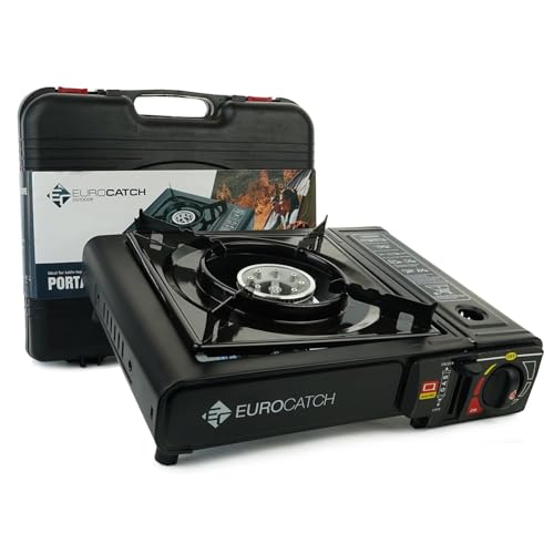 Réchaud à gaz camping Eurocatch avec valise de transport et brûleur aluminium visible