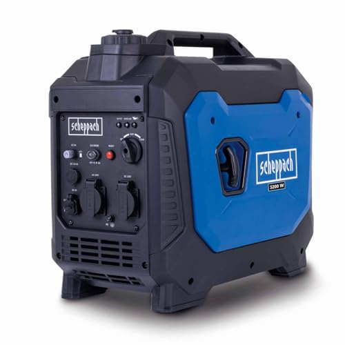 Groupe électrogène inverter Scheppach SG3500i noir et bleu 3200W avec panneau de commandes et prises