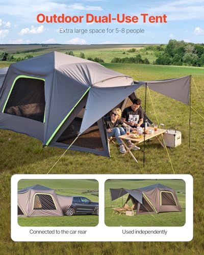 Tente SUV VEVOR utilisée en camping avec deux personnes attablées et deux modes d'installation