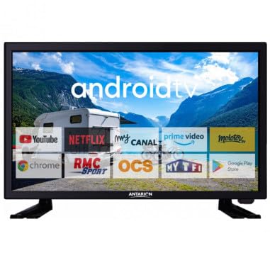 Écran téléviseur Antarion 22 pouces affichant interface Android TV applications streaming camping-car