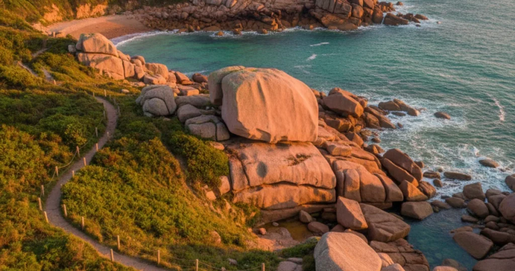 Rochers de granit rose au bord de la mer sur la côte bretonne