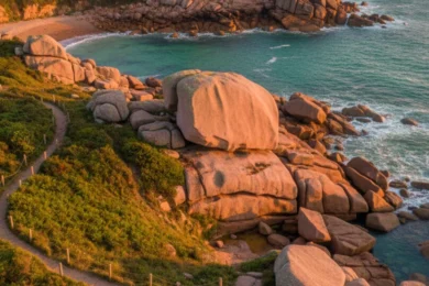 Rochers de granit rose au bord de la mer sur la côte bretonne