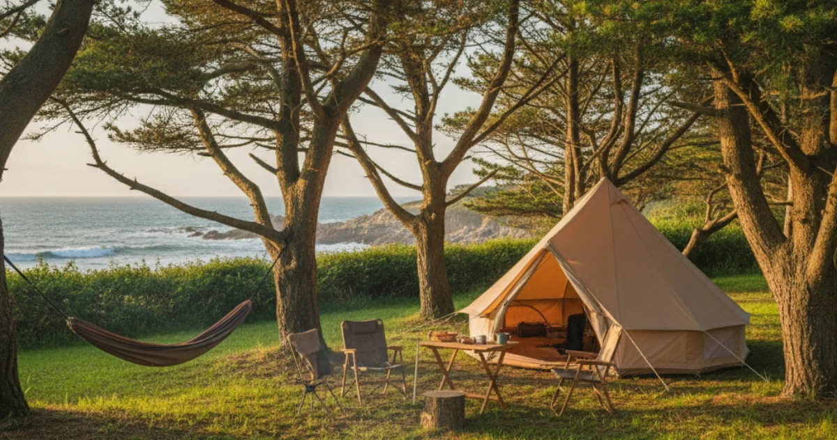 Camping en pleine nature en Bretagne, tente au coucher du soleil