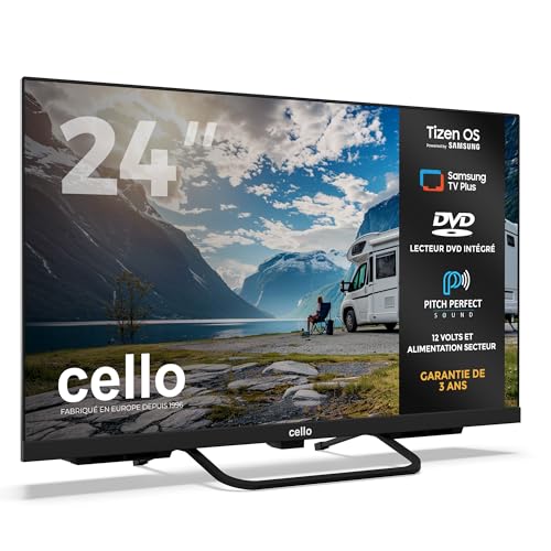 Téléviseur Cello 24 pouces vue trois-quarts avec écran allumé paysage montagne et fonctionnalités affichées