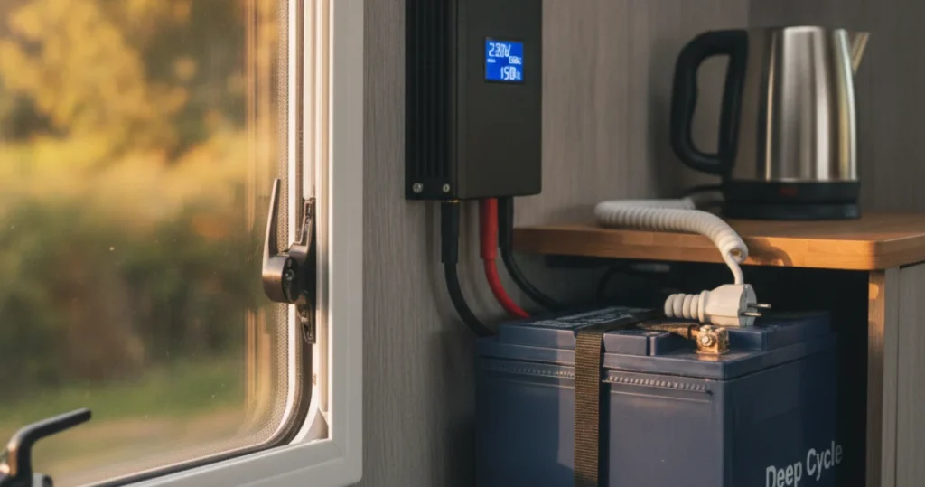 Convertisseur pur sinus 12V-220V relié à une batterie à décharge lente dans un camping-car