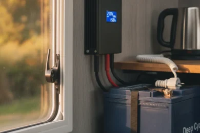 Convertisseur pur sinus 12V-220V relié à une batterie à décharge lente dans un camping-car