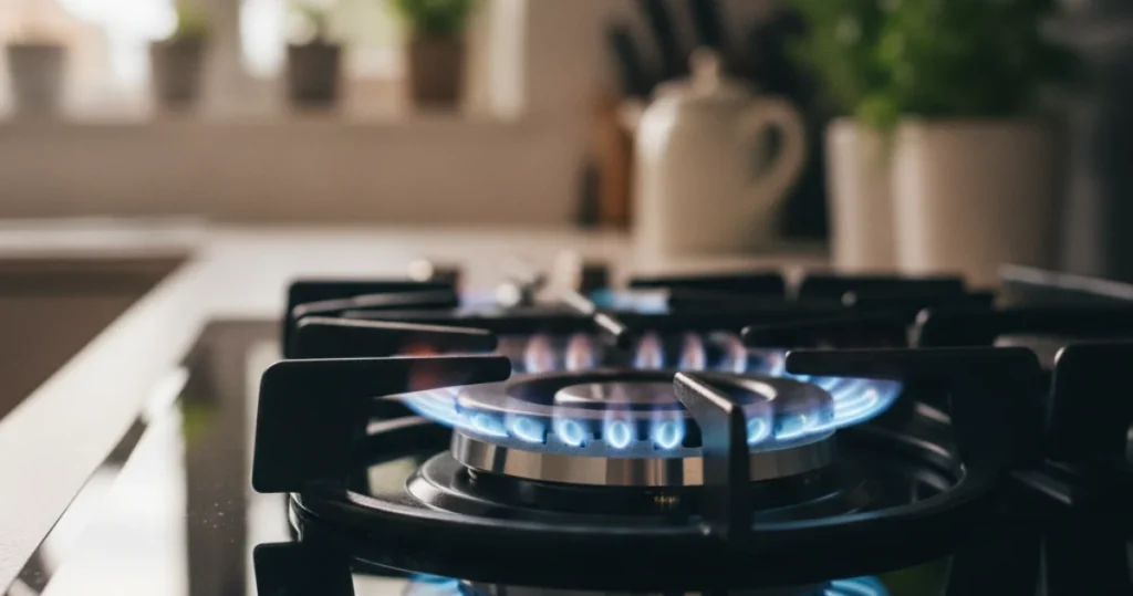 Flamme bleue d’un brûleur de cuisinière à gaz illustrant la facture de gaz