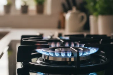 Flamme bleue d’un brûleur de cuisinière à gaz illustrant la facture de gaz