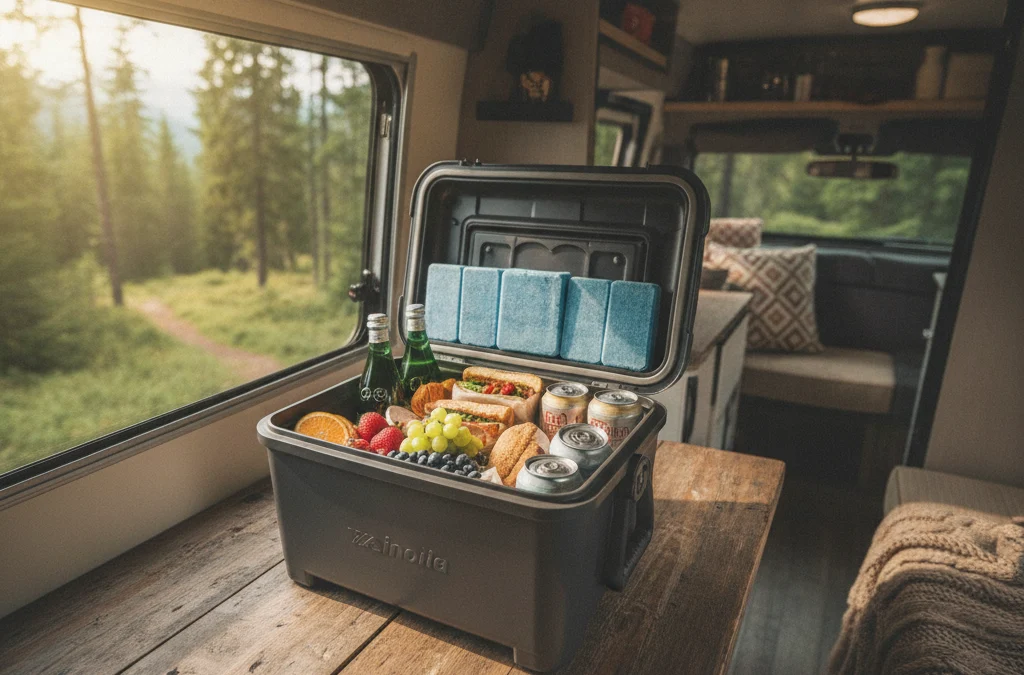 Glacière portable ouverte remplie d'aliments frais et de pains de glace sur une table dans un van, fenêtre ouverte sur la forêt
