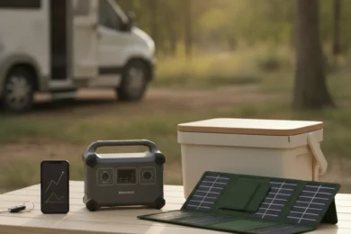 Matériel d énergie nomade (station portable, panneau solaire, glacière) et un smartphone affichant une courbe de prix, devant un camping-car
