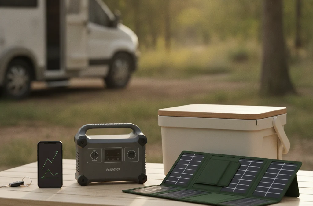 Matériel d énergie nomade (station portable, panneau solaire, glacière) et un smartphone affichant une courbe de prix, devant un camping-car