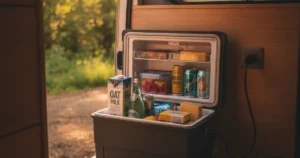 Glacière à compression 12V ouverte, garnie d’aliments, dans un camping-car