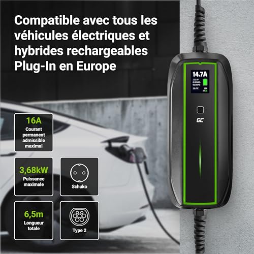 Chargeur Green Cell 16A 3,68kW compatible véhicules électriques hybrides plug-in Europe Type 2