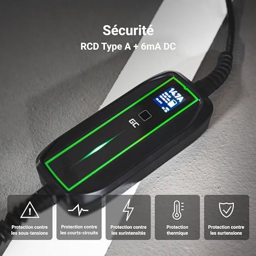 Chargeur Green Cell sécurité RCD Type A 6mA DC protections surtension court-circuit thermique