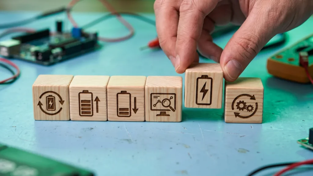 Icônes de batterie et d'énergie sur des blocs en bois, atelier d'électronique — stockage d'électricité